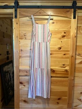 Striped Spaghetti-Strap Maxi Dress in Cream and Coral